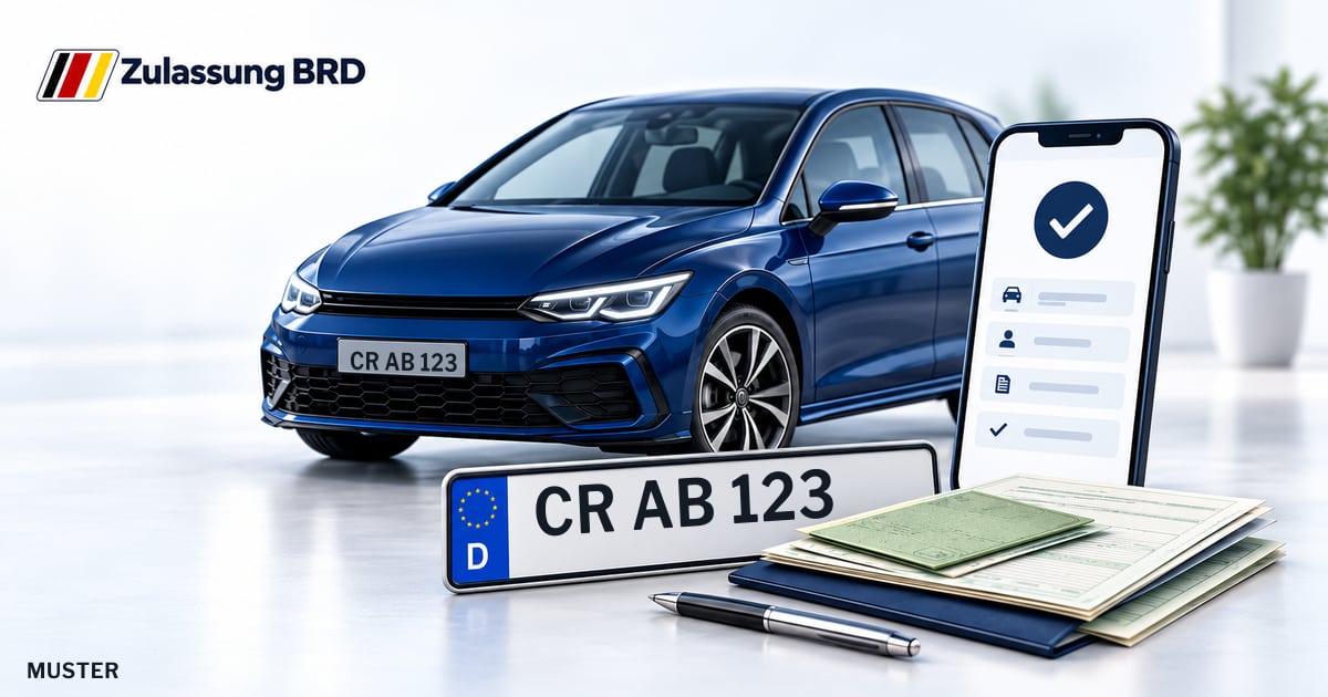 Online Fahrzeugzulassung in Crailsheim: Musterkennzeichen CR AB 123, Auto und Fahrzeugpapiere und Smartphone. Illustration mit Logo von Zulassung BRD.